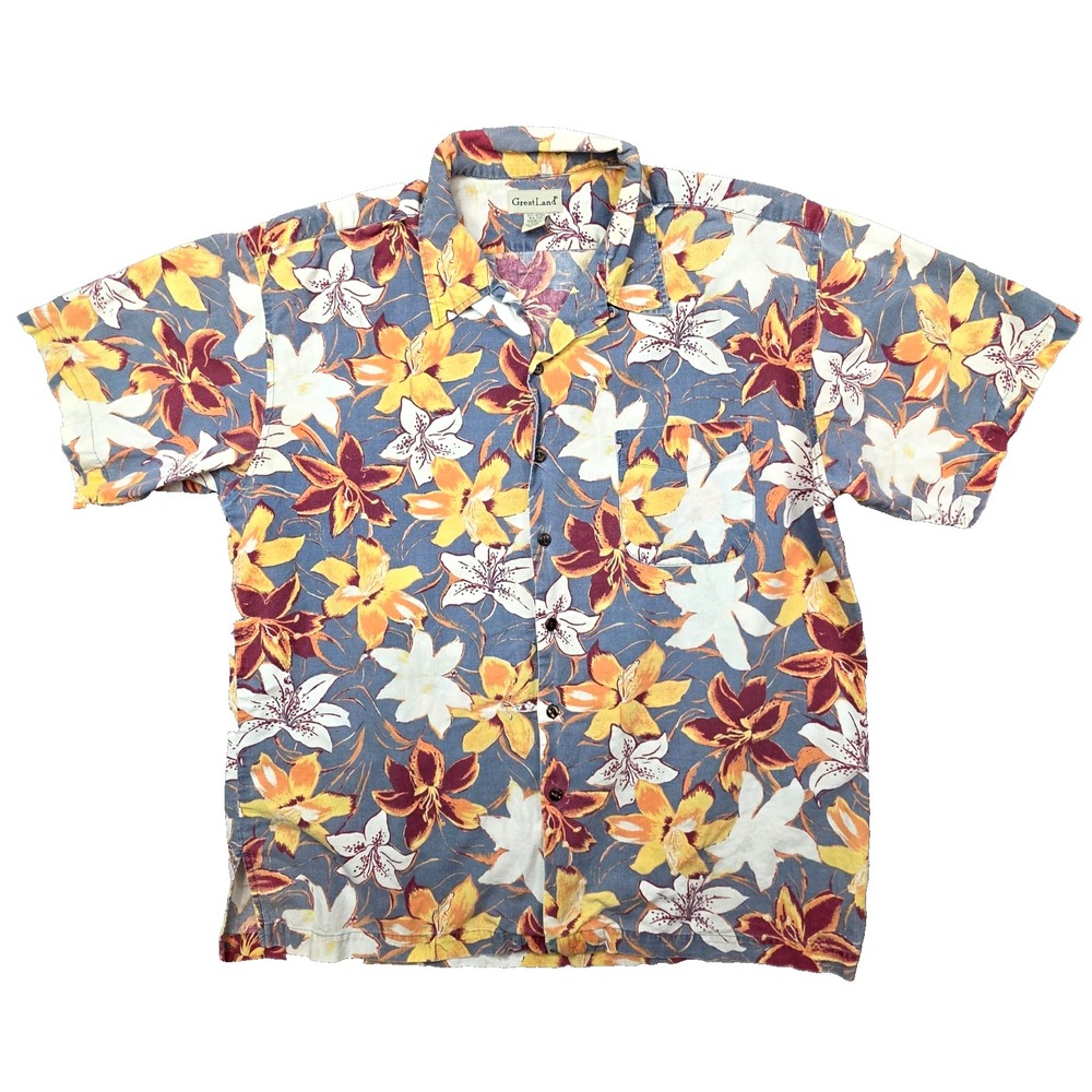 GreatLand Hawaiian Shirt Men XL Blue Floral 100% Cotton‎